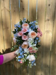 Cascading Bridal Bouquet, Textured Bridal Bouquet, Peach and Light Blue Bridal Bouquet, Wedding Flowers, Jacksonville Wedding Flowers, A Happily Ever After Floral, Backyard Wedding, Jacksonville Wedding Flowers